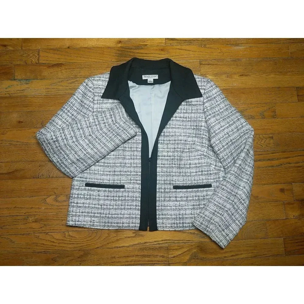 Pendleton Women's Suit Jacket LARGE Petite‎ White Black Gray Full Zip Lined